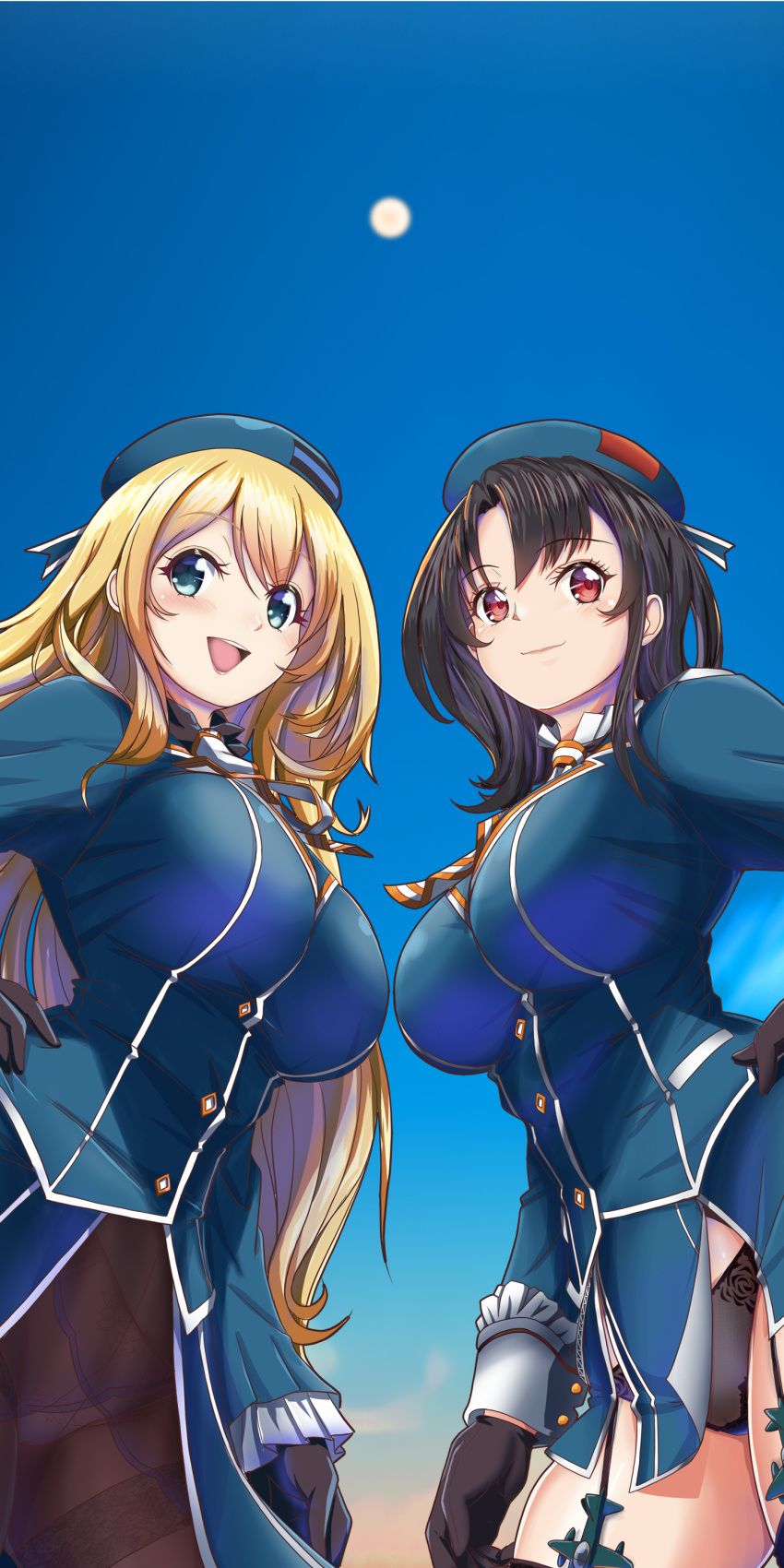 2girls :d absurdres atago_(kancolle) beret black_gloves black_hair black_panties blonde_hair blue_eyes blue_headwear blush breasts breasts_day frilled_sleeves frills from_below garter_straps gloves good_breasts_day hand_on_own_hip hat highres kantai_collection large_breasts long_hair long_sleeves looking_at_viewer military military_uniform moke_ro multiple_girls open_mouth panties pantyhose red_eyes short_hair skirt sky smile takao_(kancolle) thigh_strap thighhighs thighs underwear uniform