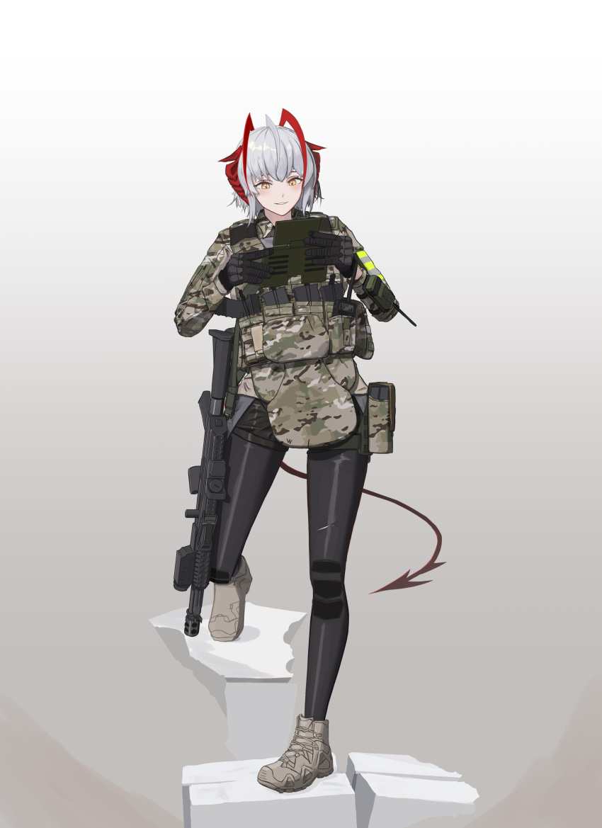 absurdres ammunition_pouch arknights assault_rifle black_leggings boots bulletproof_vest camouflage camouflage_jacket combat_boots gloves gun highres jacket leggings magazine_(weapon) military military_jacket pouch rangertle rifle shoes sneakers tactical_clothes tail w_(arknights) weapon