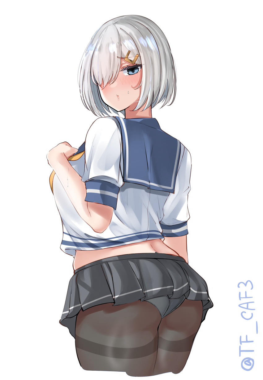 1girl ass blue_eyes blue_sailor_collar breasts cropped_legs from_behind hair_ornament hair_over_one_eye hairclip hamakaze_(kancolle) hand_up highres kantai_collection large_breasts looking_at_viewer looking_back one-hour_drawing_challenge panties panties_under_pantyhose pantyhose pleated_skirt raised_eyebrow sailor_collar shirt short_hair simple_background skirt solo sweat tf_cafe thighband_pantyhose underwear white_background white_panties white_shirt