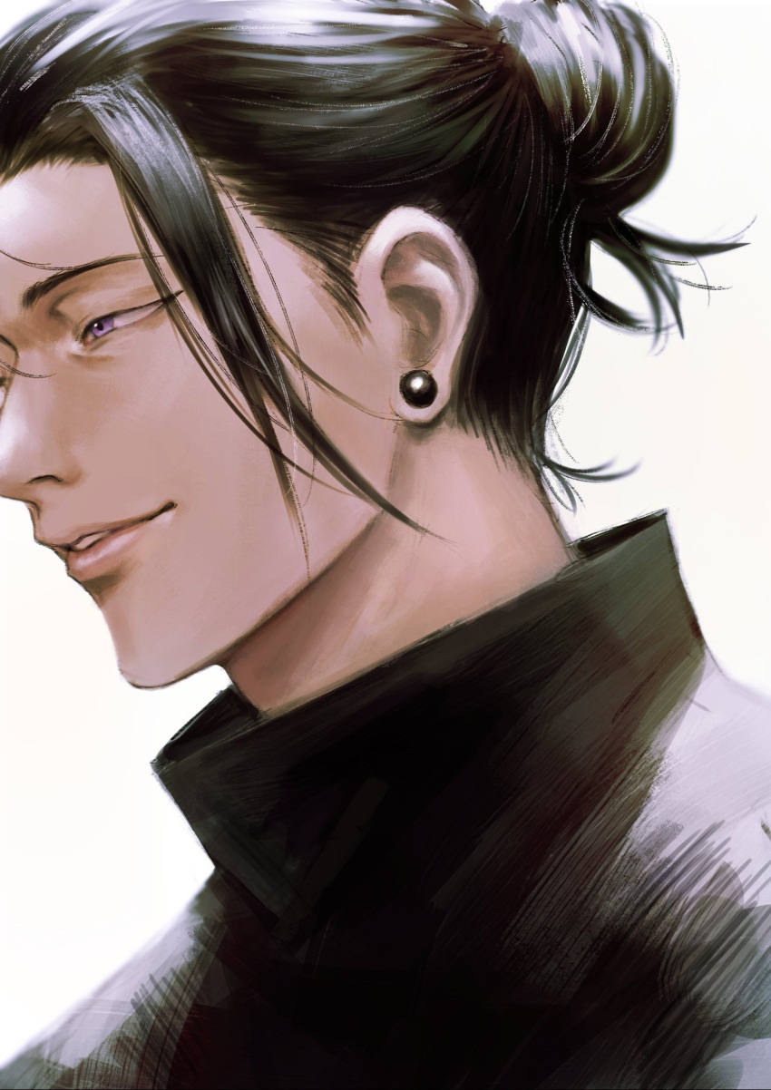 1boy black_hair black_jacket ear_piercing getou_suguru hair_bun highres jacket jujutsu_kaisen jujutsu_tech_uniform light_smile long_hair looking_away male_focus ndsoda parted_lips piercing portrait purple_eyes school_uniform simple_background single_hair_bun solo white_background