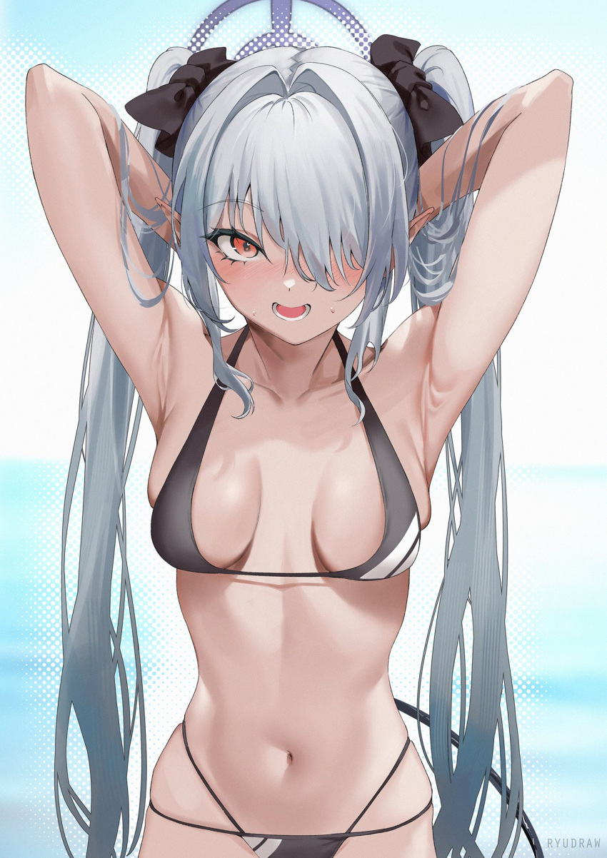 1girl armpits arms_behind_head arms_up bikini black_bikini black_bow blue_archive blush bow breasts demon_tail grey_hair hair_bow halo highres iori_(blue_archive) iori_(swimsuit)_(blue_archive) long_hair medium_breasts navel open_mouth pointy_ears red_eyes ryudraw skindentation solo stomach swimsuit tail very_long_hair