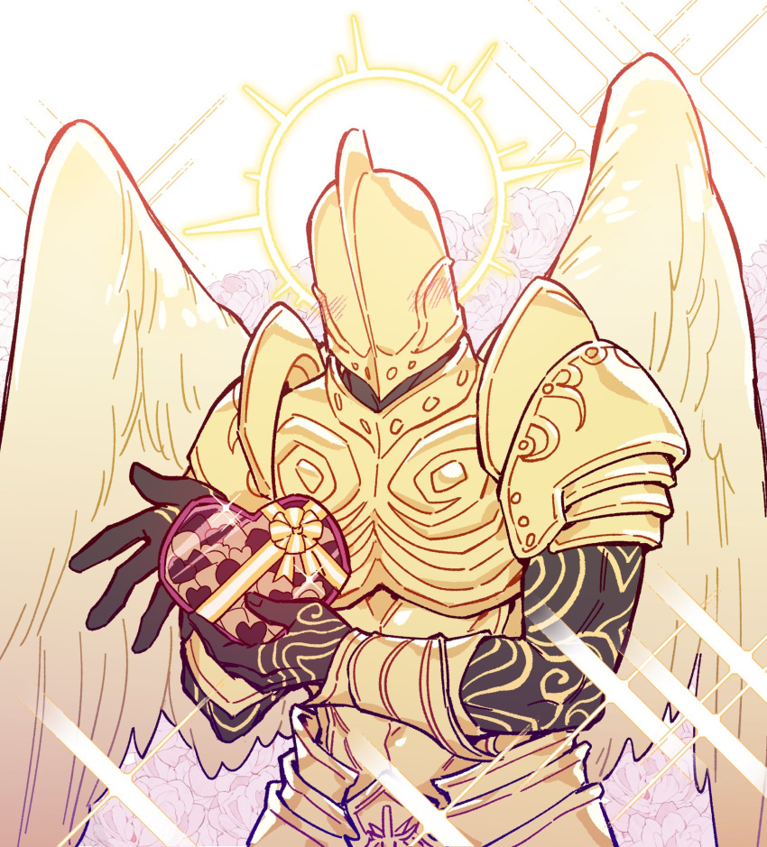 1boy angel angel_wings arm_tattoo armor black_skin blush box bracer breastplate colored_skin cowboy_shot flower halo hand_of_the_inheritor heart-shaped_box helmet highres holding holding_box maiucal male_focus pathfinder pauldrons shoulder_armor solo standing tattoo white_background wings