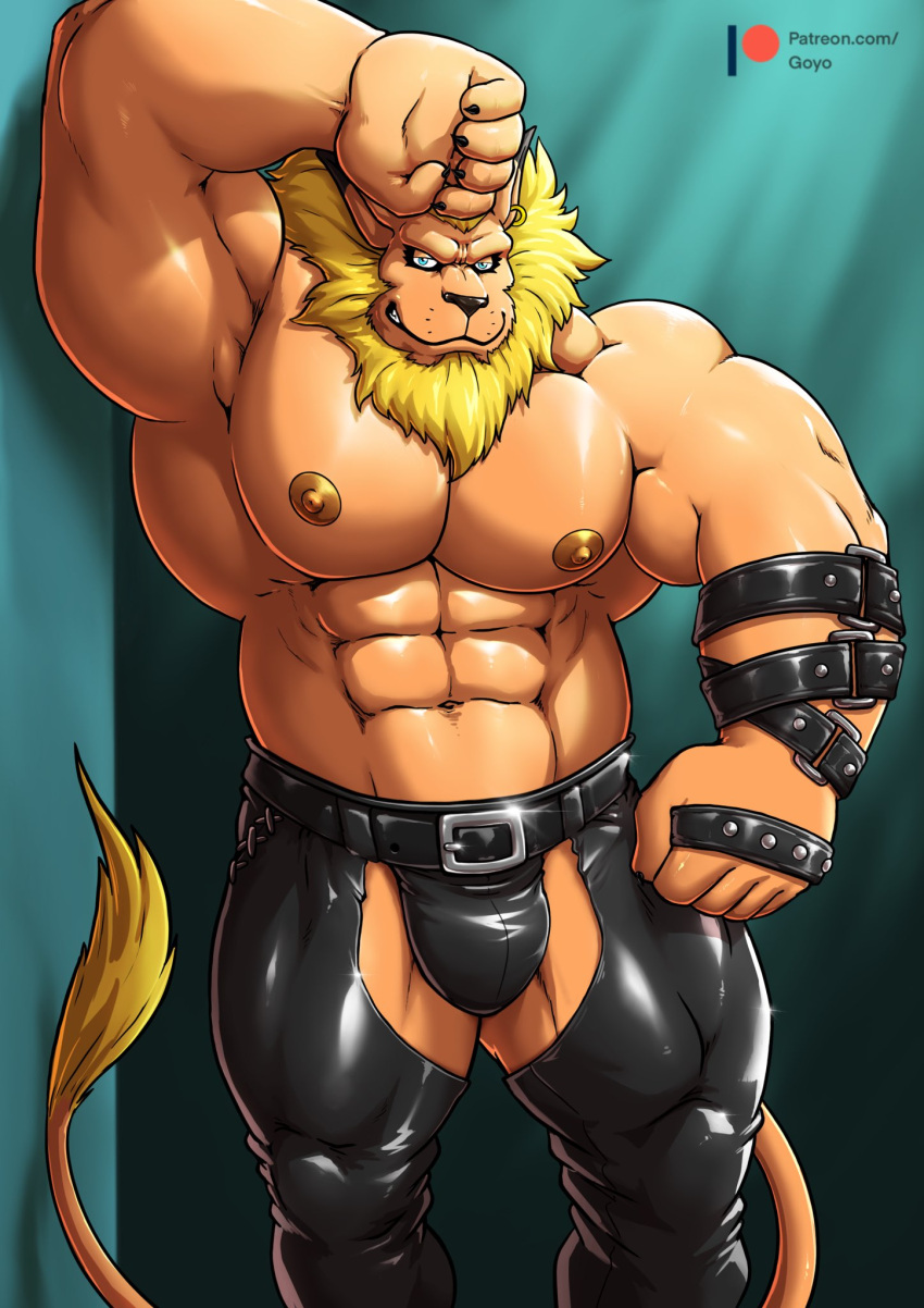 abs anthro bandai_namco belt blonde_hair blue_eyes bulge chaps clothing digimon felid gojho hair hi_res leather leather_clothing lion male mammal mane muscular muscular_anthro muscular_male nipples pantherine pecs shirtless solo tight_clothing