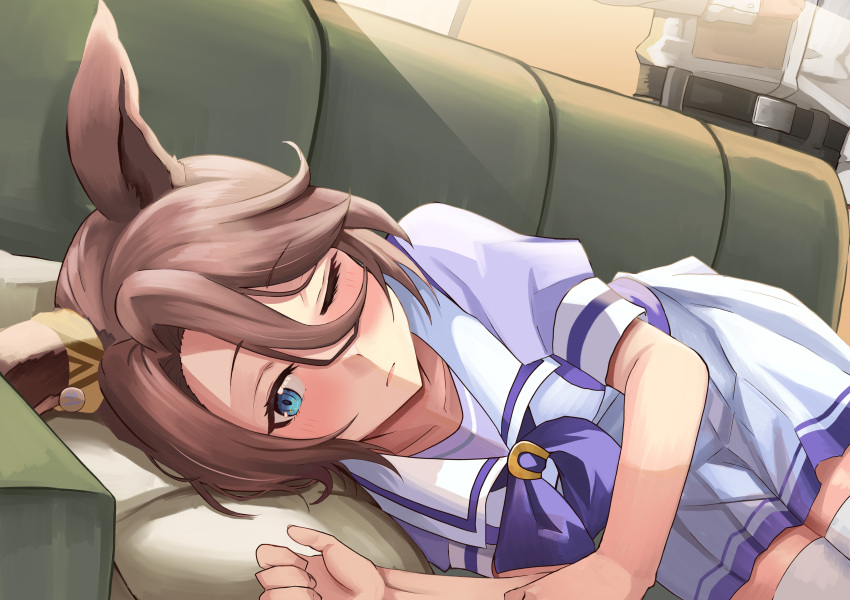 1girl absurdres animal_ears blue_eyes blush bow brown_hair commentary_request couch cowboy_shot hair_between_eyes highres horse_ears horse_girl horse_tail indoors looking_at_viewer lying narita_taishin_(umamusume) nida_keita on_couch on_side one_eye_closed petticoat pillow pleated_skirt puffy_short_sleeves puffy_sleeves purple_bow purple_shirt sailor_collar school_uniform shirt short_hair short_sleeves skirt solo summer_uniform tail thighhighs tracen_school_uniform umamusume white_skirt white_thighhighs