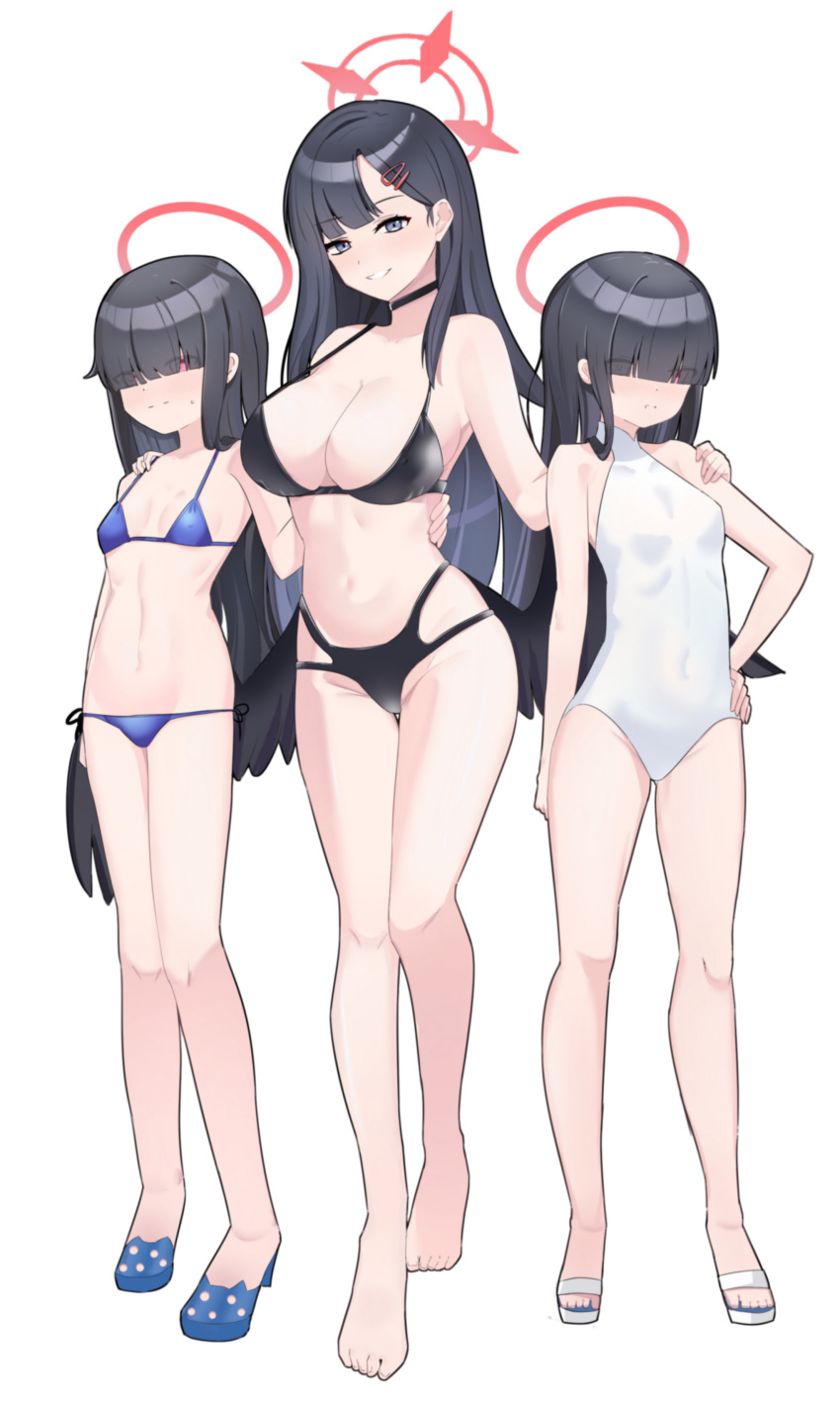 3girls absurdres arm_around_waist barefoot bikini black_bikini black_choker black_hair black_wings blue_archive blue_bikini blue_eyes blue_footwear blunt_bangs breasts choker covered_navel eyes_visible_through_hair full_body hair_ornament hair_over_eyes hairclip halo hand_on_another's_shoulder hand_on_own_hip highres ichika_(blue_archive) justice_task_force_member_(blue_archive) large_breasts low_wings multi-strapped_bikini_bottom multiple_girls navel one-piece_swimsuit red_eyes red_halo sandals side-tie_bikini_bottom small_breasts smile string_bikini swimsuit toes white_background white_footwear white_one-piece_swimsuit wings yuchi_(pixiv37424736)