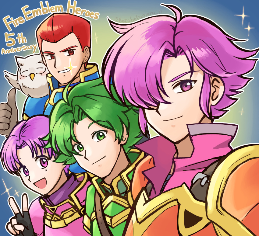 4boys :d betabetamaru commentary_request feh_(fire_emblem_heroes) fingerless_gloves fire_emblem fire_emblem:_mystery_of_the_emblem fire_emblem:_shadow_dragon_and_the_blade_of_light fire_emblem_heroes glint gloves green_eyes green_hair grin hair_over_one_eye highres looking_at_viewer multiple_boys open_mouth purple_eyes purple_hair red_eyes red_hair roshea_(fire_emblem) sedgar_(fire_emblem) smile thumbs_up tooth_glint v vyland_(fire_emblem) wolf_(fire_emblem)