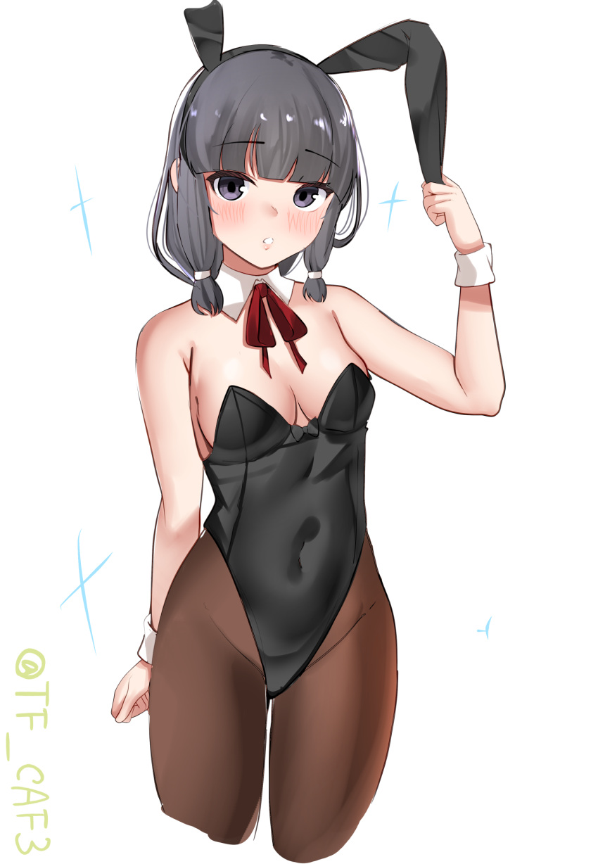 1girl alternate_costume animal_ears black_hair black_leotard bow bowtie braid breasts brown_eyes brown_pantyhose covered_navel detached_collar fake_animal_ears hair_ribbon highres kantai_collection kitakami_(kancolle) leotard long_hair pantyhose playboy_bunny rabbit_tail ribbon single_braid small_breasts smile solo strapless strapless_leotard tail tf_cafe traditional_bowtie tress_ribbon twitter_username white_background wrist_cuffs