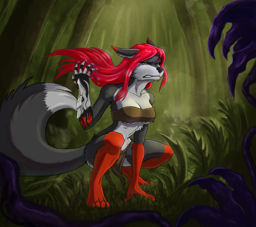 anthro armor blood blood_on_hand bodily_fluids bottomwear canid canine canis clothing eldritch_abomination faeliris female forest forest_background fox fur gauntlets gloves green_eyes hair handwear hybrid loincloth mammal nature nature_background plant red_body red_fur red_hair solo tree wolf