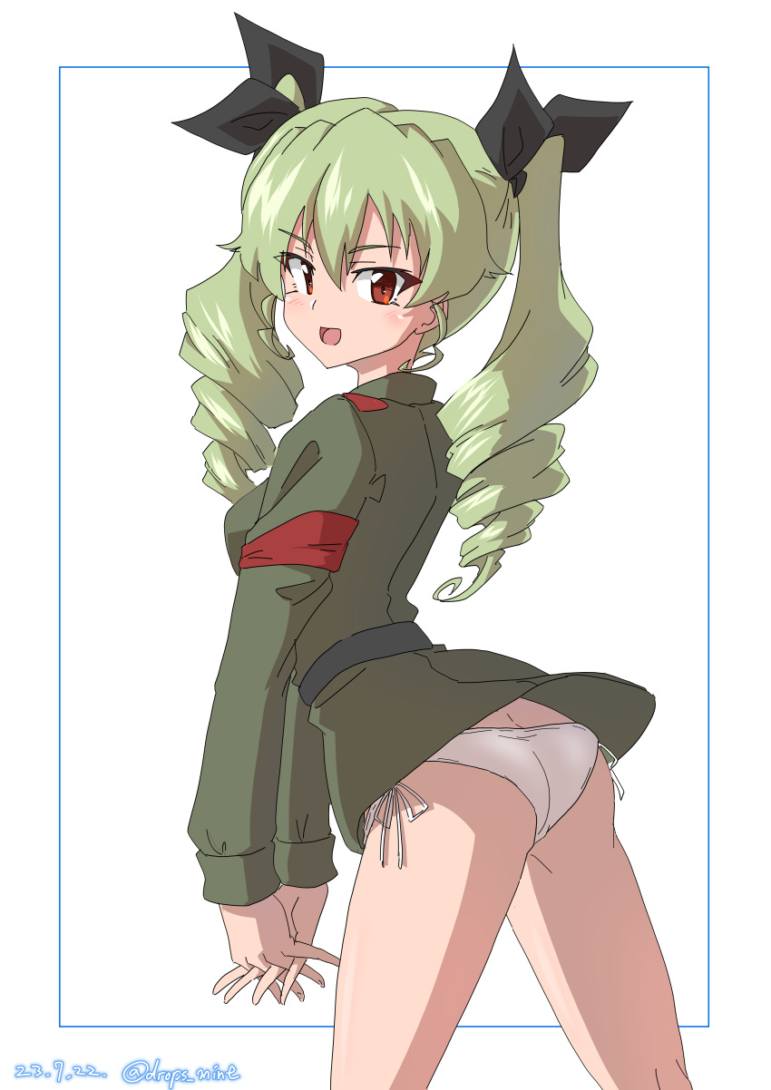 1girl absurdres anchovy_(girls_und_panzer) anzio_military_uniform ass blush breasts brown_eyes drill_hair drops_mint girls_und_panzer green_hair hair_ribbon highres large_breasts long_hair looking_at_viewer military_uniform open_mouth panties ribbon side-tie_panties simple_background smile solo twin_drills twintails underwear uniform white_background white_panties