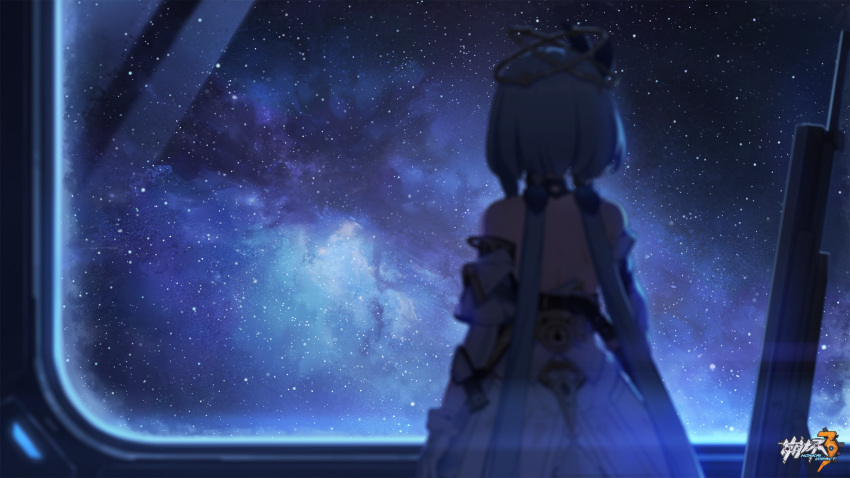 1girl bare_shoulders blue_hair chinese_clothes griseo highres honkai_(series) honkai_impact_3rd indoors light_blue_hair logo long_hair official_art official_wallpaper solo space spacecraft standing star_(sky) upper_body