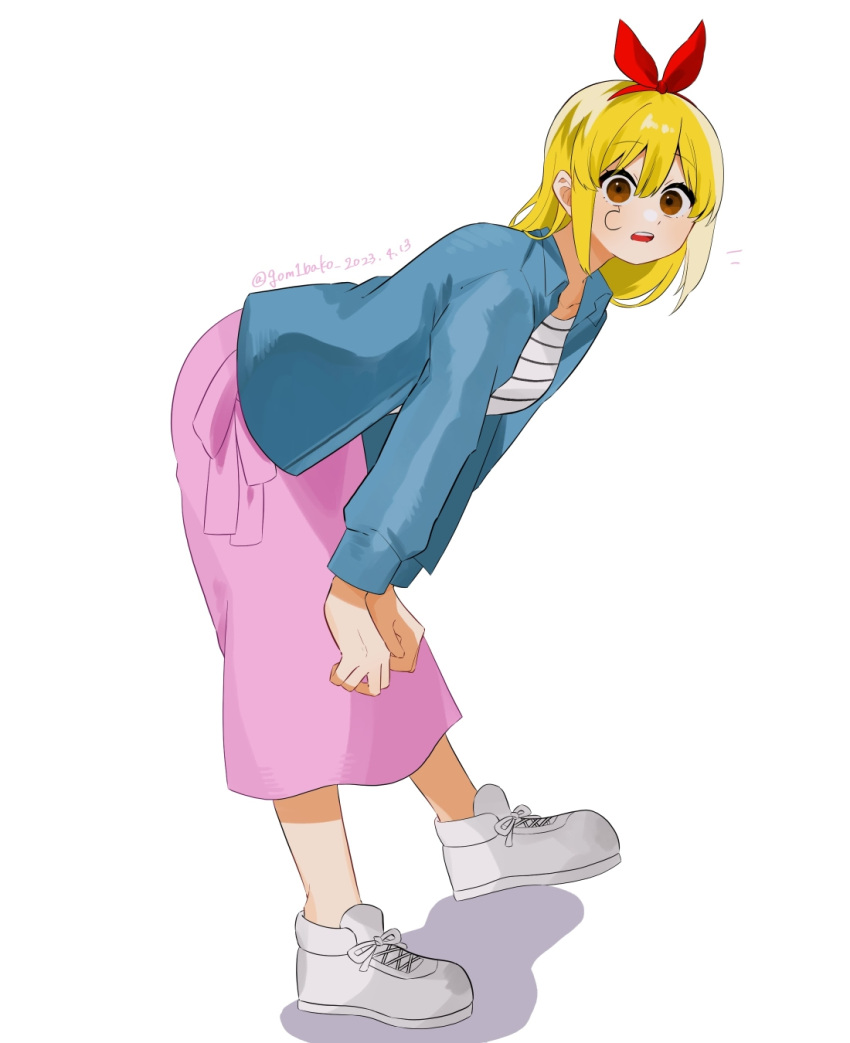1girl :d artist_name bent_over blonde_hair d: dated from_side genjitsu_o_miro green_jacket grey_footwear hairband highres jacket lemon_irvine long_hair long_sleeves looking_at_viewer mashle open_clothes open_jacket pink_skirt red_eyes red_hairband shoes simple_background skirt smile solo teeth upper_teeth_only white_background