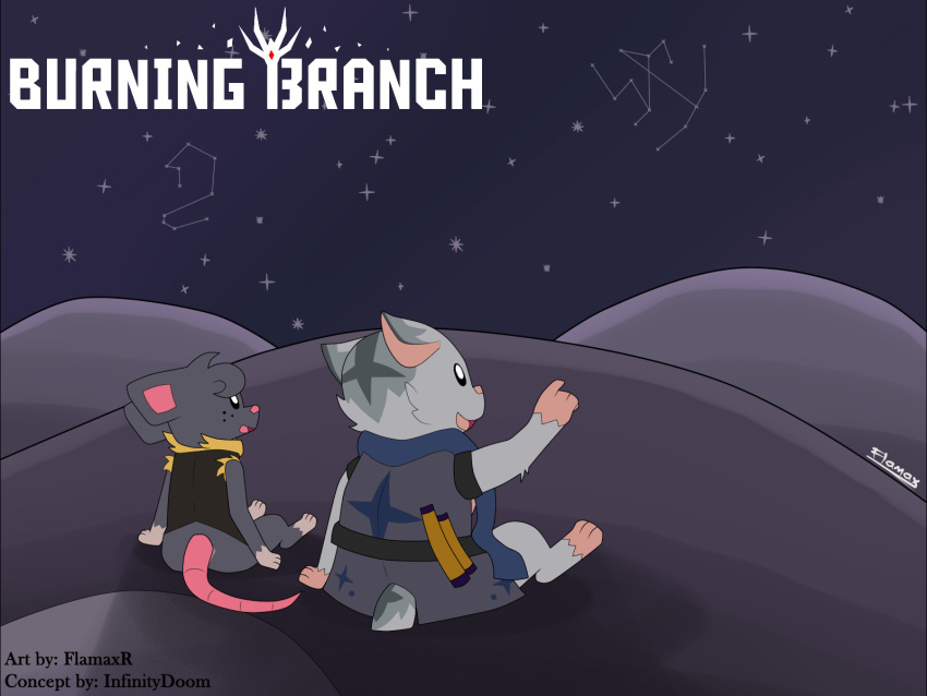 anthro burning_branch_(video_game) clothed clothing constellation cricetid cyan_(burning_branch) duo flamaxrudolf gesture hamster hi_res hill male mammal mouse murid murine night pointing rodent sen_(burning_branch) sitting sky star starry_sky