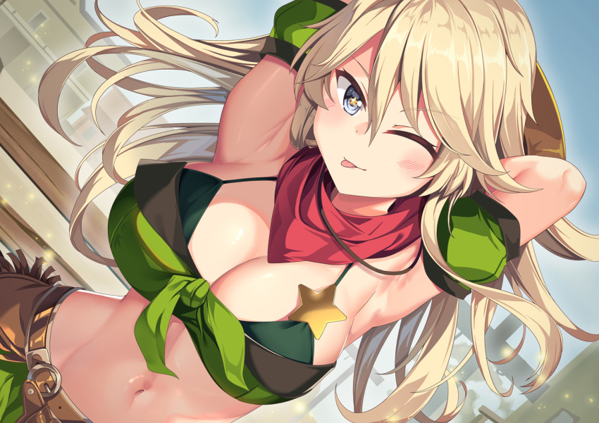 1girl ;p armpits arms_up bandeau bare_shoulders belt blonde_hair blue_eyes breasts brown_belt cleavage collarbone commentary_request cosplay cowboy_shot detached_sleeves dutch_angle fence front-tie_top green_bandeau green_skirt green_sleeves groin hair_between_eyes hat_on_back holster iowa_(kancolle) kantai_collection large_breasts light_particles long_hair looking_at_viewer midriff navel one_eye_closed outdoors puffy_detached_sleeves puffy_sleeves red_scarf scarf sheriff_badge sidelocks skirt solo standing star-shaped_pupils star_(symbol) symbol-shaped_pupils taiki_shuttle_(umamusume) taiki_shuttle_(umamusume)_(cosplay) tongue tongue_out umamusume wooden_fence yasume_yukito