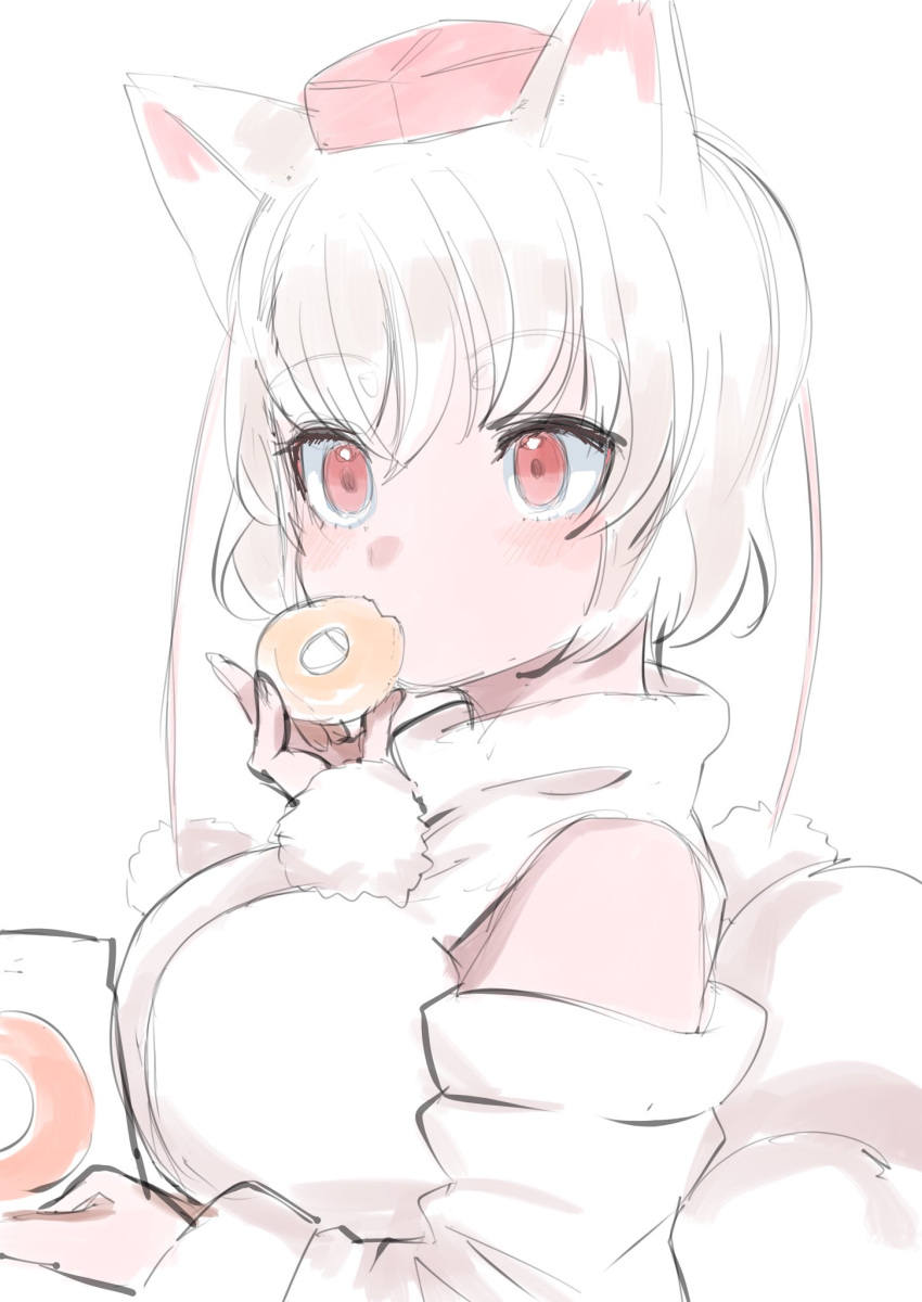 1girl animal_ears breasts doughnut food hat highres holding holding_food inubashiri_momiji large_breasts pom_pom_(clothes) red_eyes shirt short_hair solo tail tokin_hat touhou upper_body white_background white_hair white_shirt white_sleeves wolf_ears wolf_girl wolf_tail yoyoiro_(sysi20)