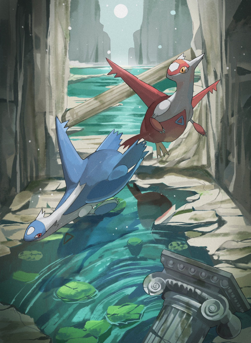 broken_pillar canyon corinthian_pillar day flying highres latias latios lily_pad no_humans outdoors pillar pokemon pokemon_(creature) reo_(mmocc123) ripples water