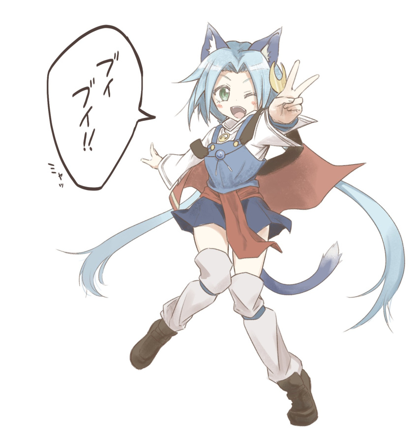 1girl animal_ears blue_hair cape cat_ears cat_tail cosplay crescent crescent_hair_ornament full_body green_eyes hair_ornament highres kakko_madoka long_hair looking_at_viewer low_twintails meracle_chamlotte one_eye_closed open_mouth pointy_ears red_cape rena_lanford simple_background skirt smile solo star_ocean star_ocean_the_last_hope star_ocean_the_second_story tail thighhighs twintails v white_background