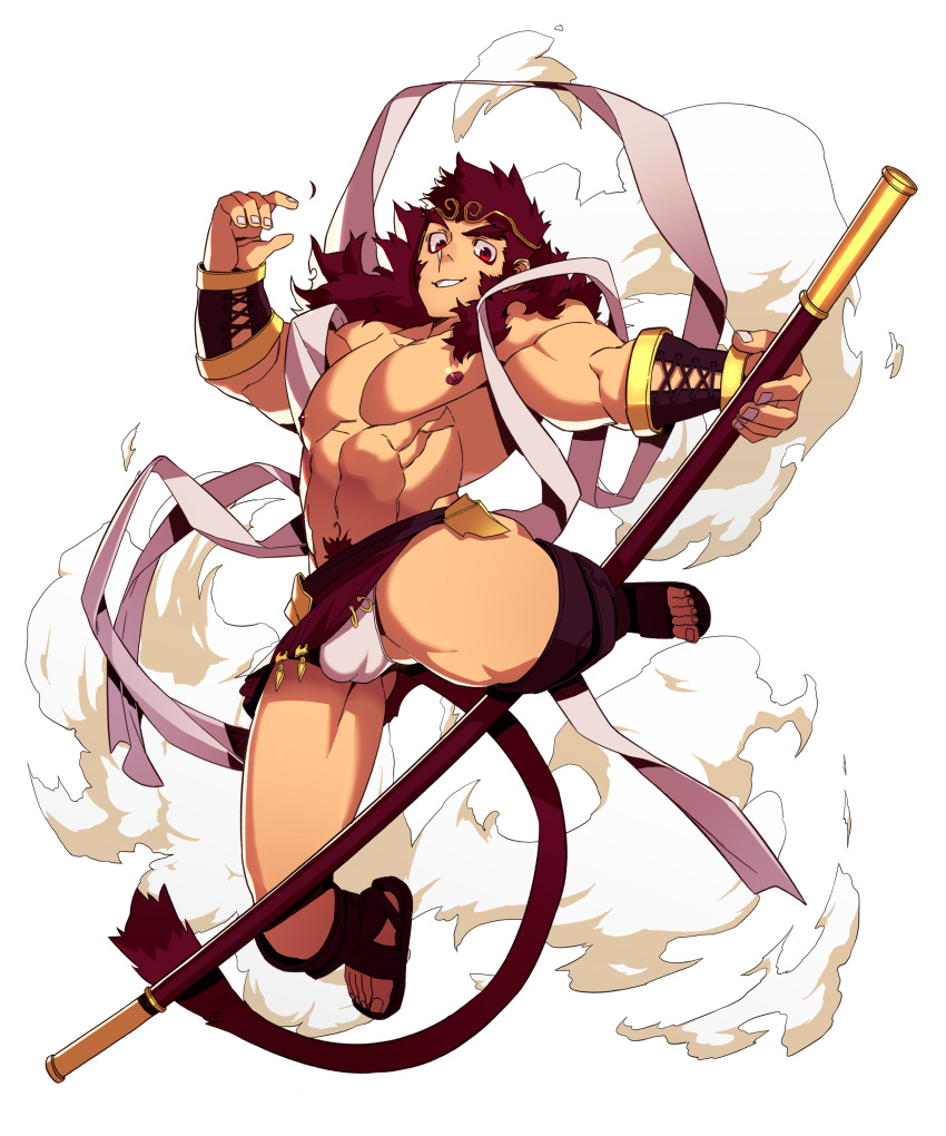 1boy abs absurdres ass_visible_through_thighs bara bracer bulge circlet covered_penis flying_nimbus highres journey_to_the_west large_pectorals legs_apart loincloth looking_at_viewer male_focus male_underwear male_underwear_peek midair monkey_boy monkey_tail muscular muscular_male navel navel_hair nipples original pectorals red_hair short_hair smile solo stomach sun_wukong tail thick_eyebrows thick_thighs thighs topless_male ttn_(239_239) underwear