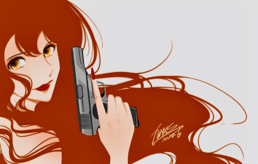 1girl alternate_hair_color bare_shoulders closed_mouth commentary eyelashes eyeshadow fingernails floating_hair fn_m1910 gradient_eyes grey_background gun handgun highres holding holding_gun holding_weapon lipstick long_fingernails long_hair looking_at_viewer lupin_iii makeup mine_fujiko multicolored_eyes nail_polish negative_space nose orange_eyes red_eyes red_hair red_lips red_nails shadow sideways_glance signature simple_background solo trigger_discipline turning_head upper_body wavy_hair weapon xerxesy yellow_eyes