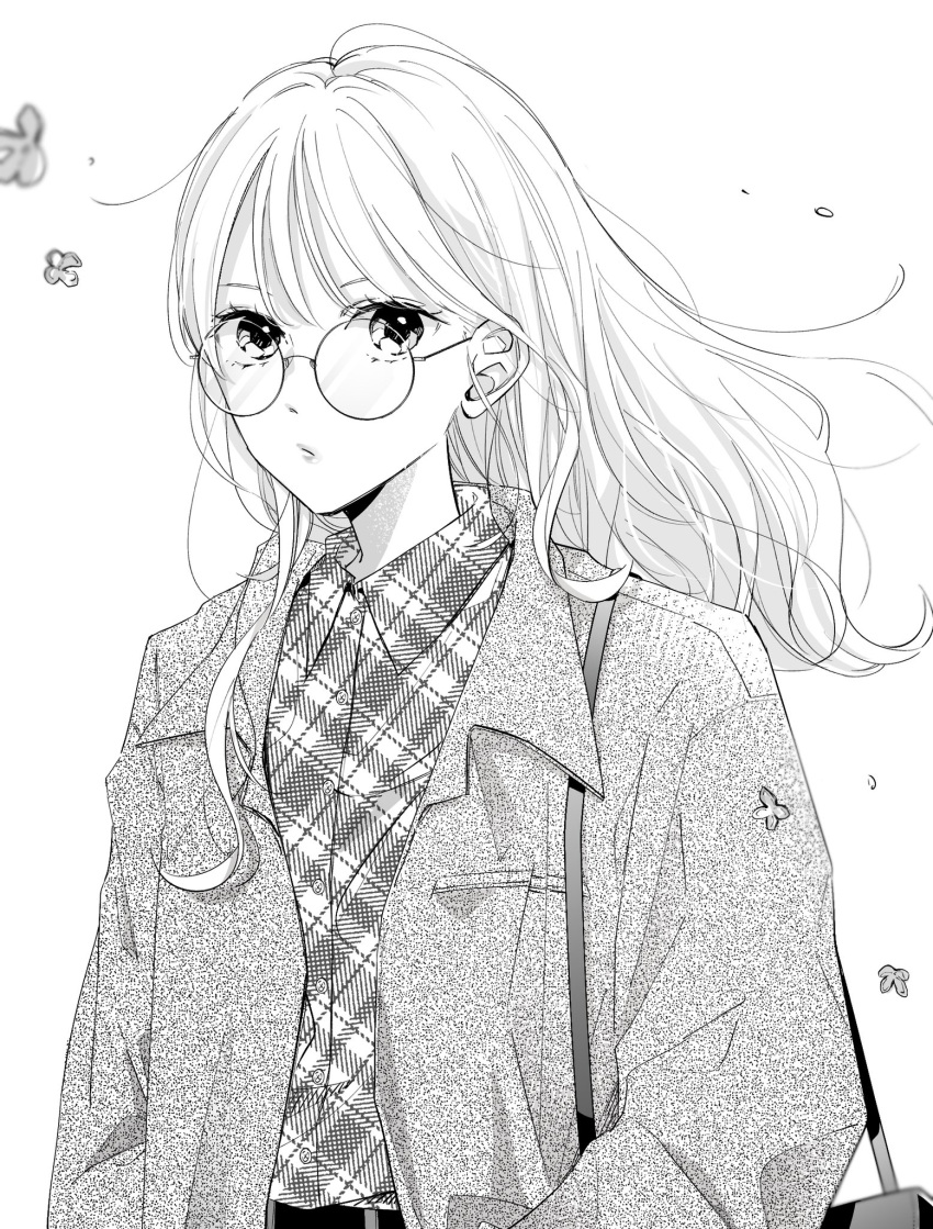 1girl :/ bag belt blurry buttons closed_mouth collared_jacket collared_shirt commentary depth_of_field eyelashes flower glasses gold_osmanthus greyscale handbag highres jacket long_hair long_sleeves looking_at_viewer monochrome open_clothes open_jacket original osmanthus plaid plaid_shirt round_eyewear saitou_shiori_(pixiv14549321) shirt shirt_tucked_in shoulder_bag simple_background solo stippling_(texture) unmoving_pattern upper_body wavy_hair