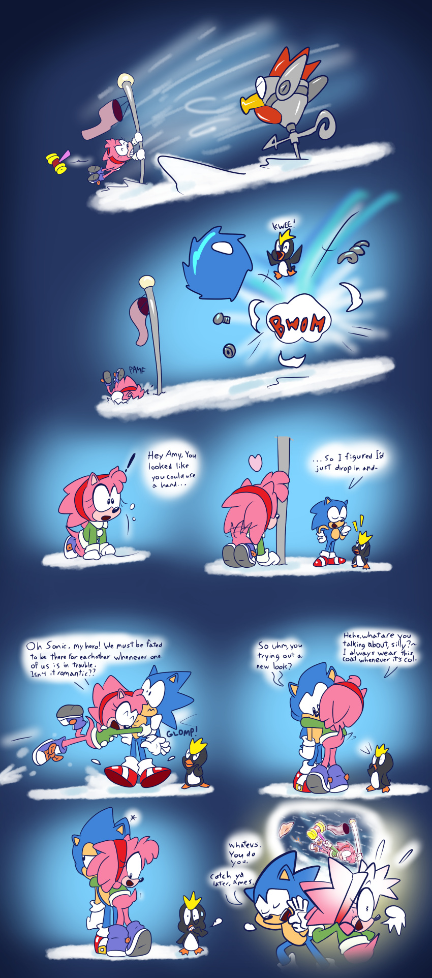 absurd_res amy_rose anthro avian bird blehmaster7 blizzard_(weather) blue_body blue_fur bottomless chicken classic_amy_rose classic_sonic classic_sonic_(universe) clothed clothing cluckoid coat comic duo embrace english_text eulipotyphlan featureless_crotch female flagpole fur galliform gallus_(genus) glomp gloves hammer handwear hedgehog hi_res hug looking_aside looking_back machine male male/female mammal mortified pecky_(sonic) penguin phasianid piko_piko_hammer pink_body pink_fur robot sega snow sonic_the_hedgehog sonic_the_hedgehog_(series) spin_dash tail tail_motion tailwag text tools topwear wardrobe_malfunction white_clothing white_gloves white_handwear windsock