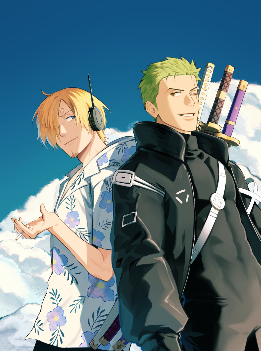 2boys absurdres black_jacket black_pants black_wetsuit blonde_hair blue_eyes blue_sky bodysuit brown_eyes cigarette closed_mouth cloud covered_abs earrings facial_hair floral_print green_hair grin hair_over_one_eye headphones high_collar highres holding holding_cigarette hood hood_down jacket jewelry kotomine_(a1569) looking_at_another male_focus male_swimwear multiple_boys one_piece open_clothes open_jacket pants pectorals radio_antenna roronoa_zoro sanji_(one_piece) scar scar_across_eye sheath sheathed shirt short_hair sky smile sword weapon wetsuit white_jacket