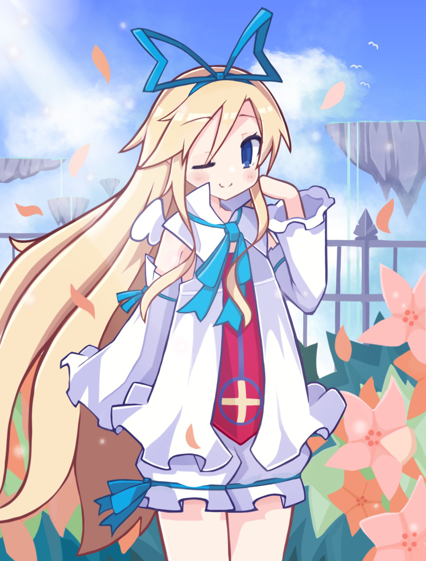 1girl blonde_hair bloomers blue_bow blue_eyes bow closed_mouth cloud cowboy_shot detached_sleeves disgaea flonne flower hair_bow highres legs_together long_hair looking_at_viewer makai_senki_disgaea one_eye_closed outdoors shirt sky smile solo standing suaman underwear white_bloomers white_shirt white_sleeves white_wings wings