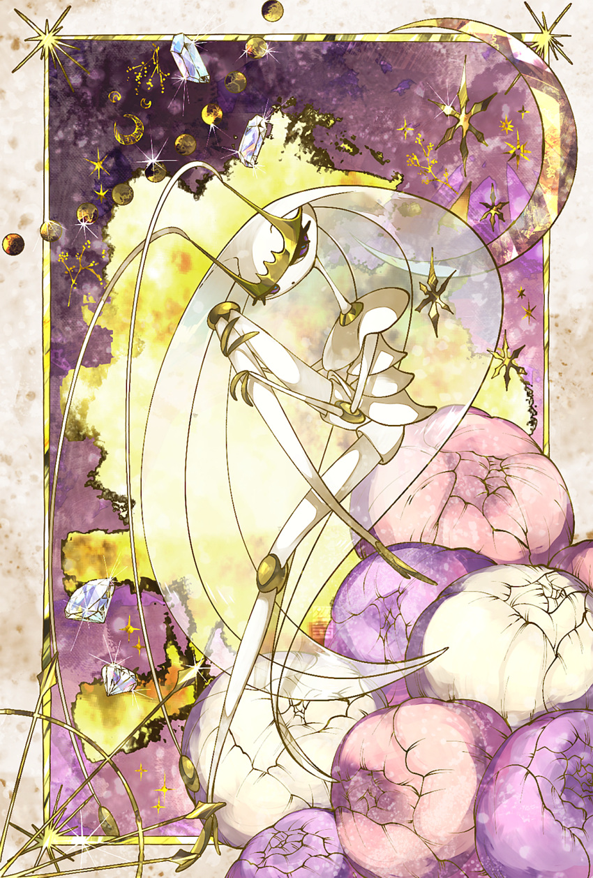 1girl :o antennae arthropod_girl blue_pupils colored_skin commentary_request crescent eyelashes full_body gem highres leg_lift long_hair looking_at_viewer parted_lips pheromosa pokemon pokemon_(creature) purple_eyes sitting solo star_(symbol) takenokonoko translucent_hair very_long_hair white_hair white_skin