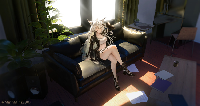 1girl animal_ears arknights bandeau bare_legs black_footwear black_jacket boots breasts chair cleavage commentary couch cup hair_ornament hairclip highres indoors jacket lappland_(arknights) large_breasts long_sleeves looking_at_viewer midriff minz_(minh_nguyen) open_clothes open_jacket oripathy_lesion_(arknights) sitting solo stomach strapless table thighs tube_top white_hair window wolf_ears