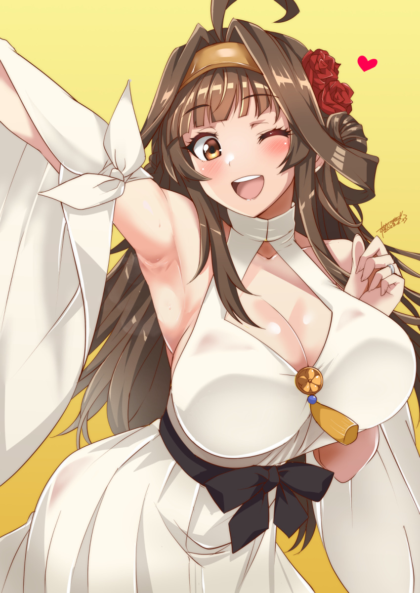 1girl ;d ahoge alternate_eye_color anniversary aoi_manabu arched_back arm_up armpits blush breasts brown_eyes brown_hair cleavage commentary_request dated detached_sleeves double_bun dress flower hair_bun hair_flower hair_ornament hairband halterneck heart highres jewelry kantai_collection kongou_(kancolle) large_breasts long_hair looking_at_viewer one_eye_closed red_flower red_rose ring rose signature sleeveless sleeveless_dress smile solo teeth upper_teeth_only wedding_ring white_dress wide_sleeves yellow_background