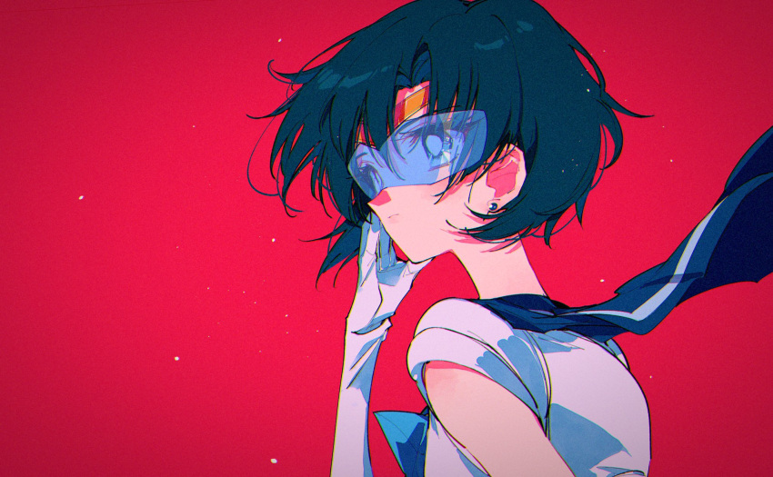 1girl bishoujo_senshi_sailor_moon blue-tinted_eyewear blue_bow blue_hair blue_sailor_collar bow closed_mouth earrings gloves highres jewelry magical_girl mizuno_ami pochi_(askas_is_god) red_background sailor_collar sailor_mercury short_hair simple_background solo tinted_eyewear upper_body white_gloves