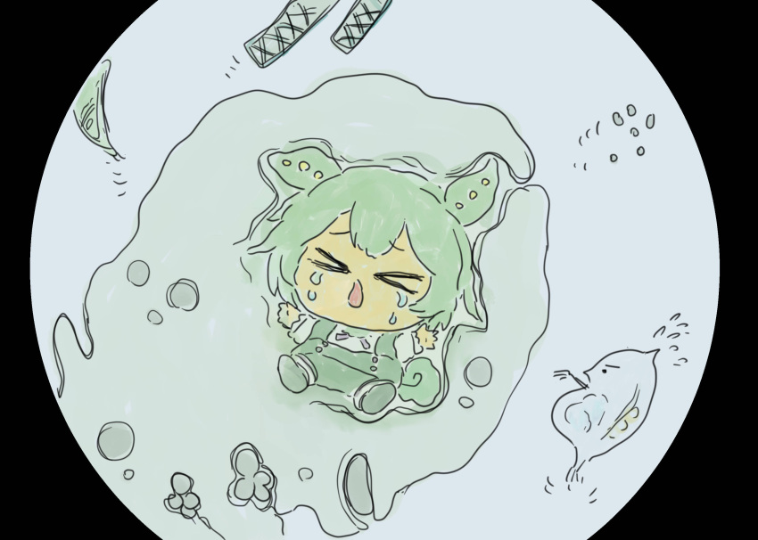 &gt;_&lt; 1girl amoeba animal_request arms_up bacteria black_border border chibi commentary crying facing_viewer fleeing flying_sweatdrops furrowed_brow green_hair green_shorts grey_background highres microscope mini_person minigirl mitsumura_ikumi open_mouth raised_eyebrows round_image shirt shorts simple_background solo suspender_shorts suspenders voicevox vore white_shirt zundamon