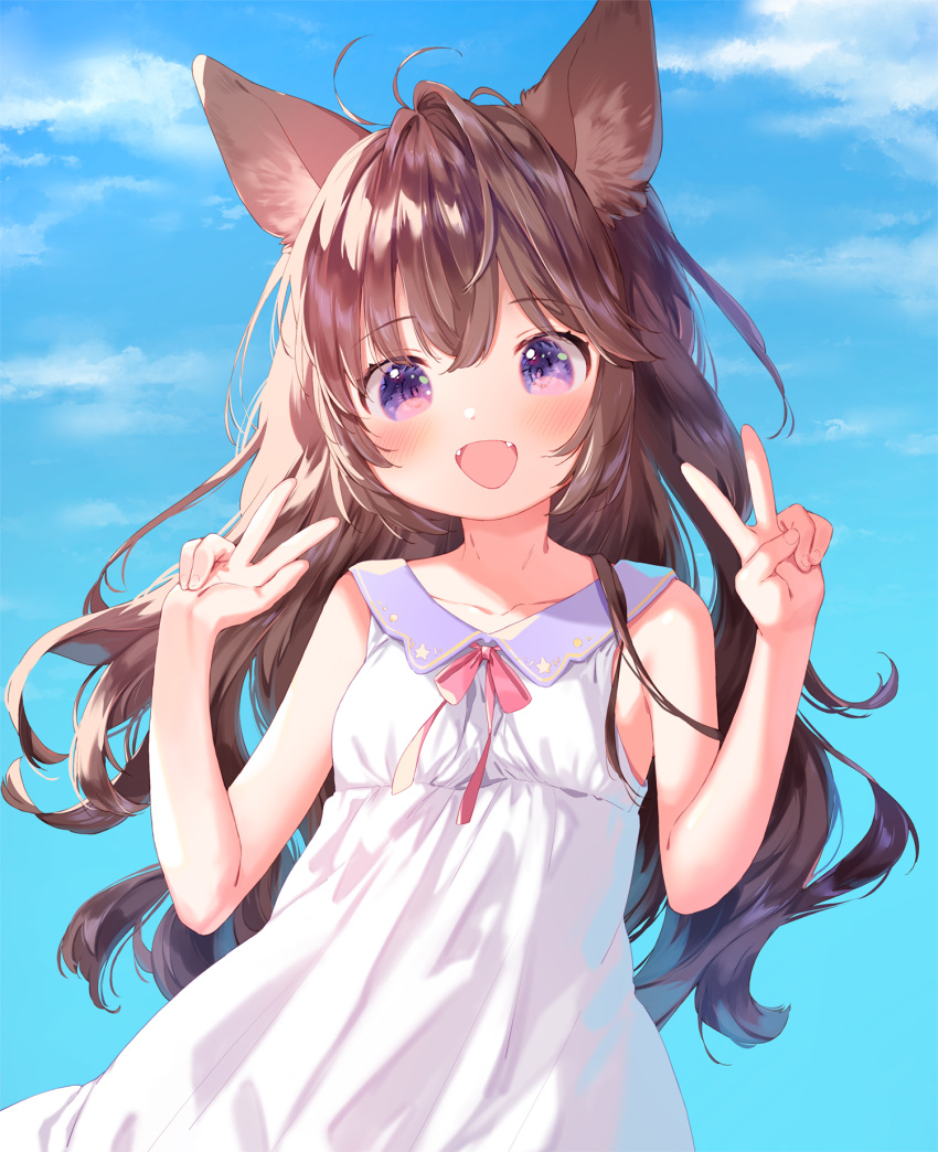 1girl animal_ears brown_hair double_v dress fangs highres long_hair looking_at_viewer mutou_mato open_mouth original purple_eyes sleeveless sleeveless_dress v white_dress