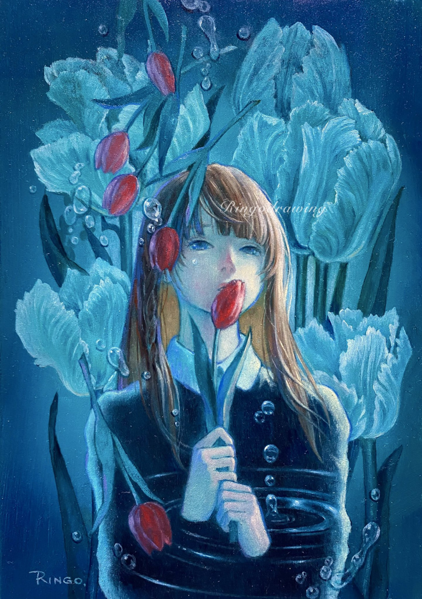 1girl air_bubble black_shirt blue_eyes brown_hair bubble collared_shirt commentary_request flower highres holding holding_flower long_hair looking_afar oil_painting_(medium) original painting_(medium) red_flower ringodrawing ripples shirt solo surreal traditional_media tulip underwater upper_body water