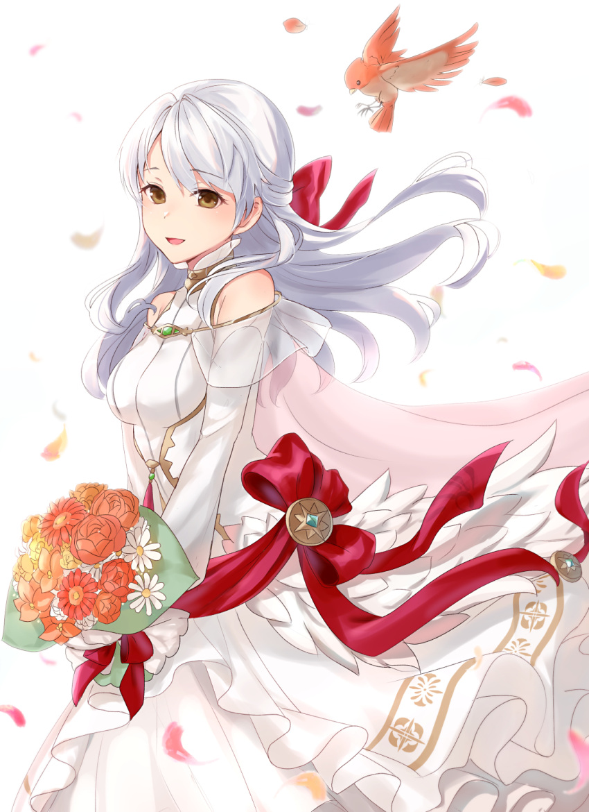 1girl :d bare_shoulders bird bouquet bow bride brown_eyes detached_sleeves dress fire_emblem fire_emblem:_radiant_dawn fire_emblem_heroes floating_hair flower from_side grey_hair hair_between_eyes hair_bow haru_(nakajou-28) highres holding holding_bouquet long_hair long_sleeves looking_to_the_side micaiah_(bridal)_(fire_emblem) micaiah_(fire_emblem) official_alternate_costume open_mouth orange_flower petals red_bow simple_background sleeveless sleeveless_dress smile solo wedding_dress white_background white_dress white_hair yellow_eyes yune_(fire_emblem)