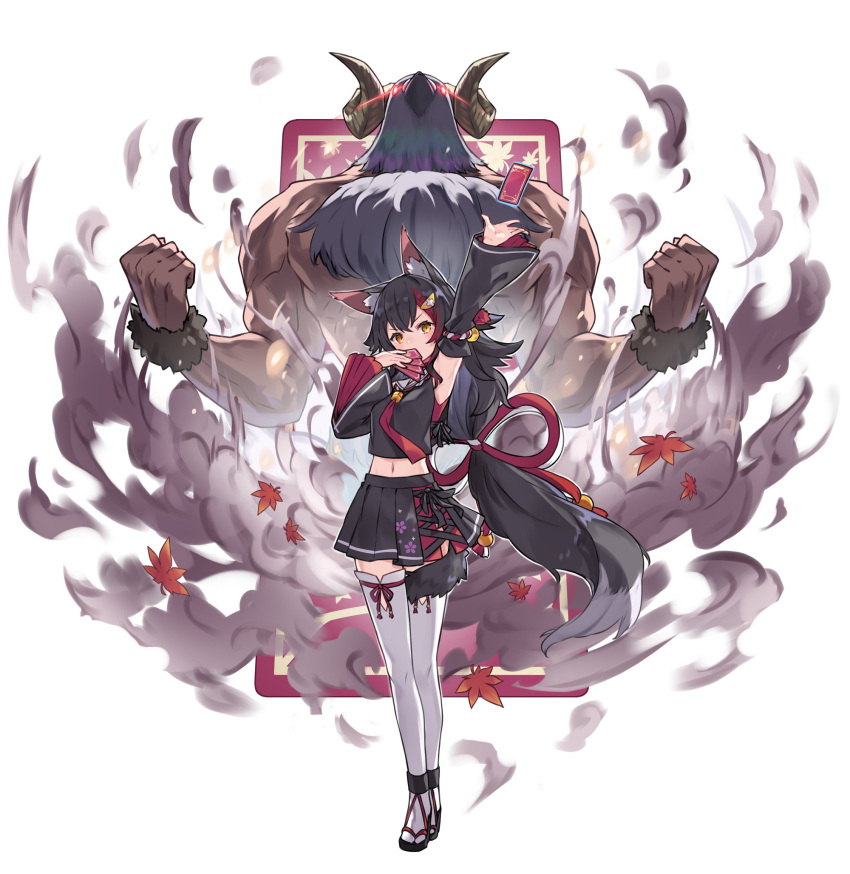 1girl animal_ears arm_up autumn_leaves black_hair black_skirt brown_eyes clenched_hands detached_sleeves glowing glowing_eyes hatotaurus_(ookami_mio) highres hololive horns kazana_(sakuto) midriff navel ookami_mio ookami_mio_(1st_costume) pleated_skirt skirt smoke summoning tail tarot thighhighs virtual_youtuber white_thighhighs wolf_ears wolf_girl wolf_tail