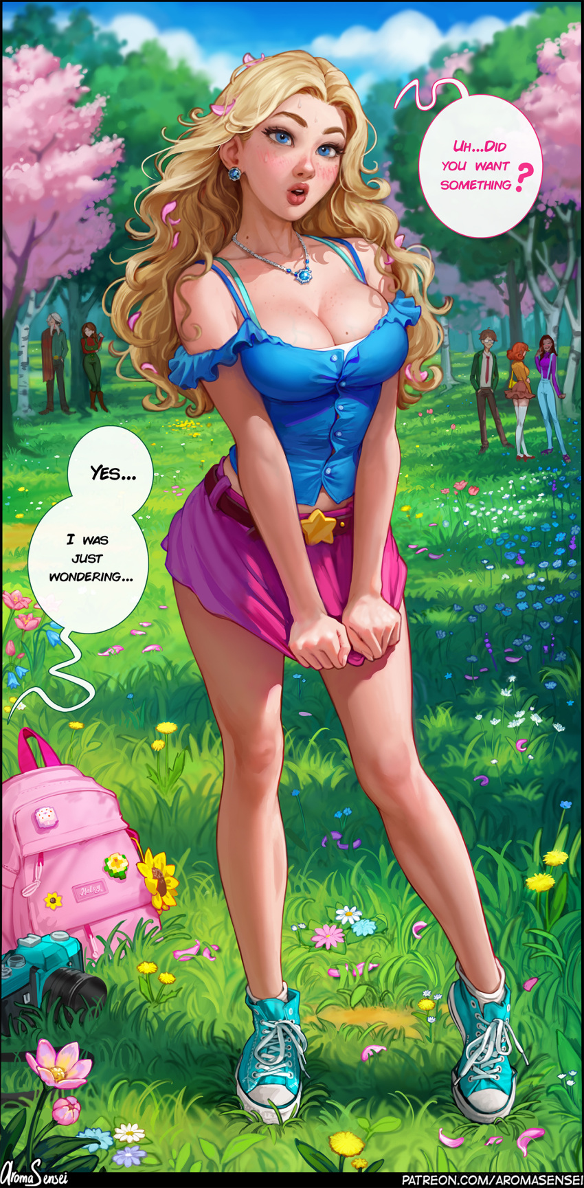 absurdres aqua_footwear aroma_sensei backpack bag bare_shoulders belt blonde_hair blue_eyes blue_shirt blush breasts breasts_squeezed_together camisole cleavage collarbone contrapposto embarrassed english_text forehead forest frilled_shirt frills full_body grass haley_(stardew_valley) harvey_(stardew_valley) high_tops highres jewelry large_breasts long_hair looking_at_viewer maru_(stardew_valley) midriff_peek miniskirt mole mole_on_breast nature necklace open_mouth outdoors parted_hair penny_(stardew_valley) petals pink_skirt shirt shoes skirt skirt_hold skirt_tug sneakers socks solo_focus speech_bubble standing star_(symbol) stardew_valley v_arms wavy_hair white_socks