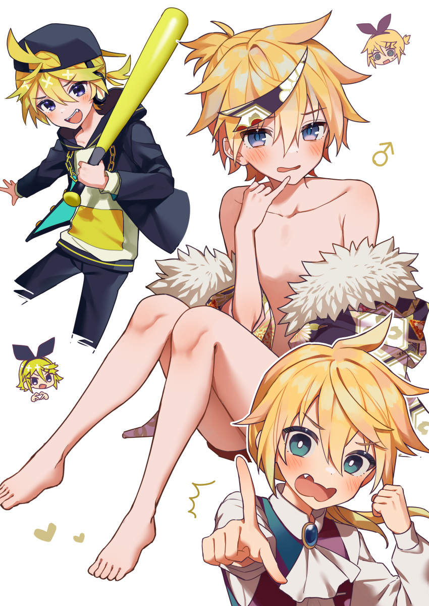 1boy 1girl absurdres aruminsuko barefoot baseball_bat baseball_cap blonde_hair blue_eyes blush fangs finger_to_own_chin gigantic_o.t.n_(vocaloid) hat heart heart_hands highres kagamine_len kagamine_rin looking_at_viewer male_focus multiple_views okochama_sensou_(vocaloid) partially_undressed pointing rettou_joutou_(vocaloid) smile vocaloid wavy_mouth