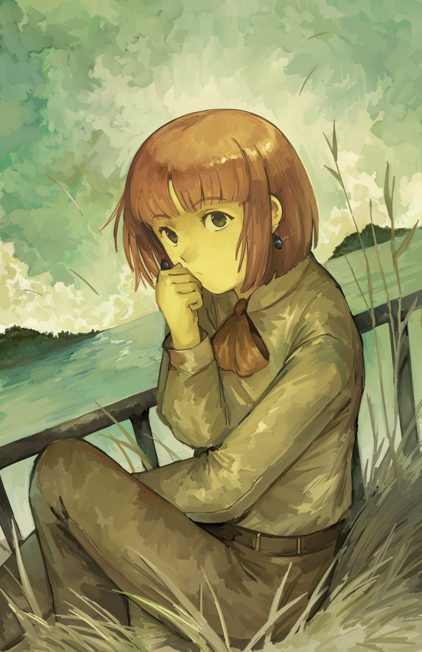 1girl absurdres belt black_eyes blunt_bangs blunt_ends bob_cut brown_theme earrings expressionless grass handrail highres impressionism island jewelry kornod looking_back ocean outdoors pants pink_hair short_hair sitting sky solo takatsu_kokone yokohama_kaidashi_kikou