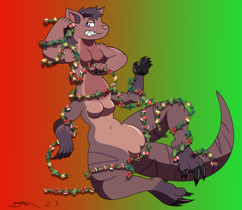 absurd_res anthro christmas garland hair hi_res holidays kangaroo looking_angry looking_annoyed mac-daddy macropod mammal marsupial ornament purple_hair sharp_teeth taur teeth