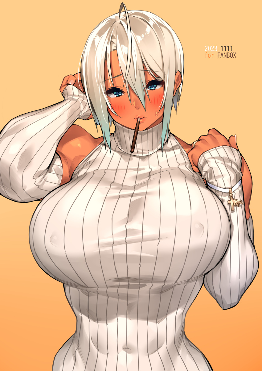 1girl 23_(real_xxiii) absurdres ahoge arm_behind_head bare_shoulders blue_eyes blush bracelet breasts covered_navel covered_nipples dark-skinned_female dark_skin dated detached_sleeves food food_in_mouth furrowed_brow hair_between_eyes highres huge_breasts jewelry looking_at_viewer orange_background original pocky pocky_day pocky_in_mouth ribbed_sleeves ribbed_sweater ring sela_(23) short_hair sleeveless sleeveless_turtleneck solo sweatdrop sweater turtleneck upper_body white_sleeves white_sweater