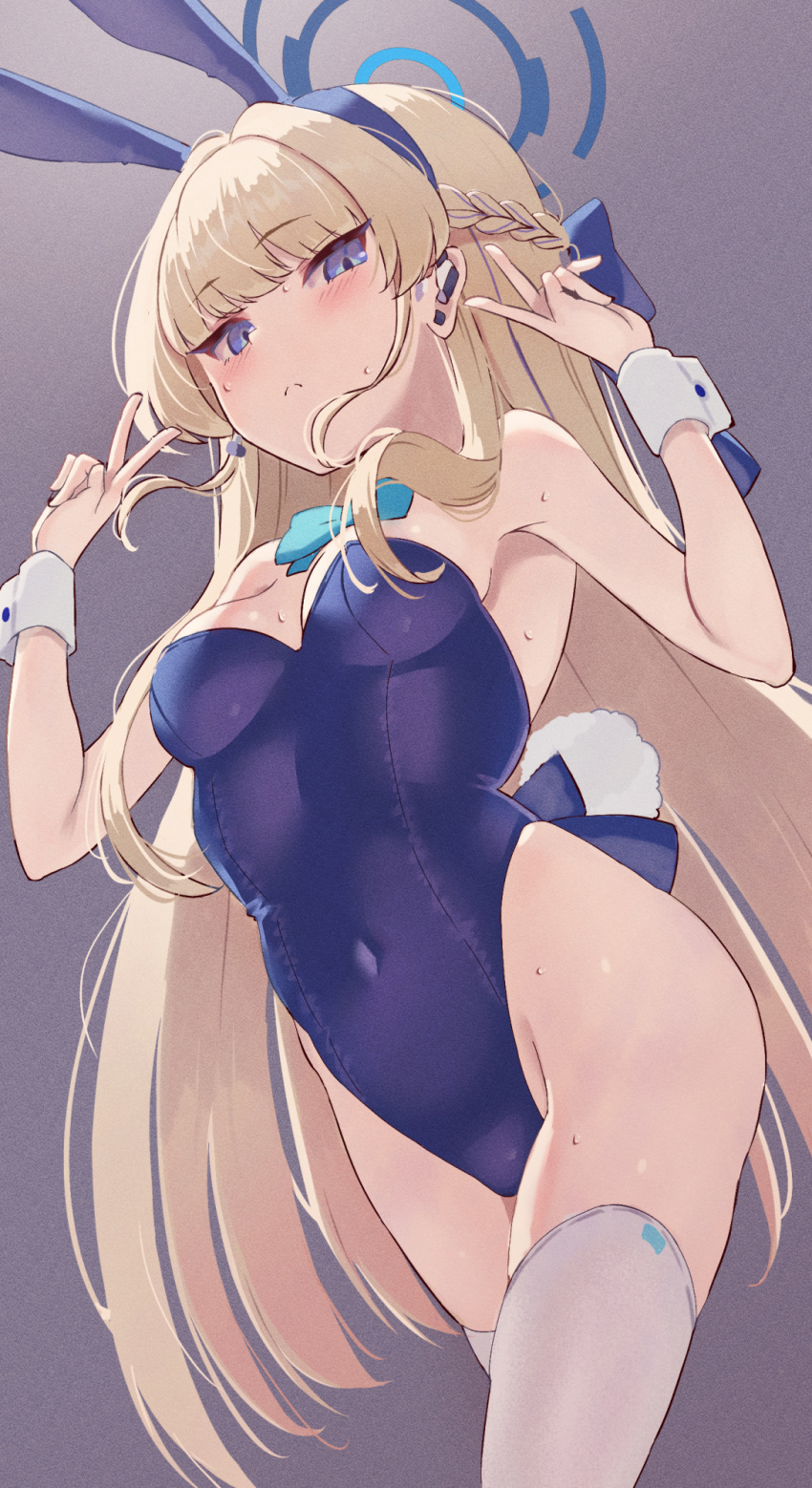1girl animal_ears bare_shoulders blonde_hair blue_archive blue_eyes blue_leotard blush bow bowtie braid breasts cleavage detached_collar double_v earpiece fake_animal_ears fake_tail french_braid halo highleg highleg_leotard highres leotard long_hair looking_at_viewer medium_breasts playboy_bunny rabbit_ears rabbit_tail shiratama_(amenomurakumo0610) solo tail thighhighs thighs toki_(blue_archive) toki_(bunny)_(blue_archive) v white_thighhighs wrist_cuffs