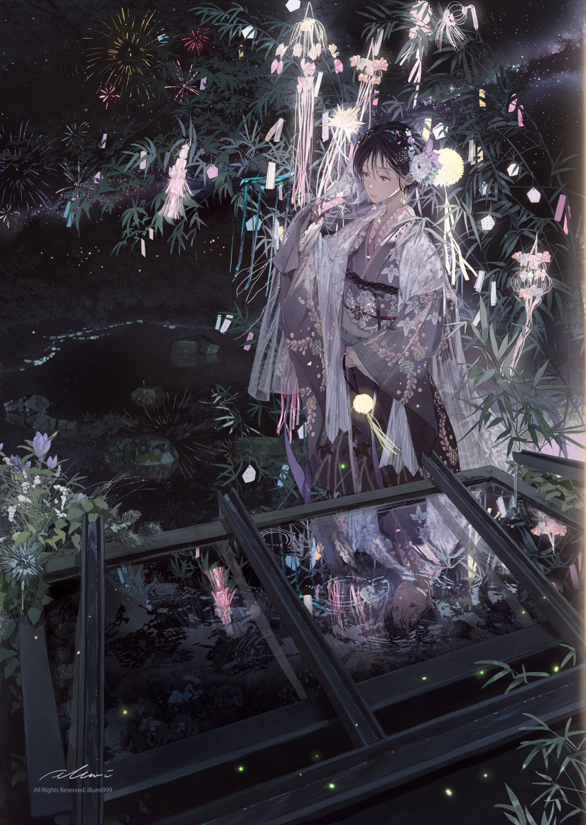 1girl artist_name black_hair closed_mouth commentary expressionless fireworks flower grass grey_eyes highres illumi999 japanese_clothes kimono lake long_hair looking_ahead night night_sky original outdoors reflection reflective_water rock sky solo standing star_(sky) starry_sky symbol-only_commentary traditional_clothes water wide_sleeves