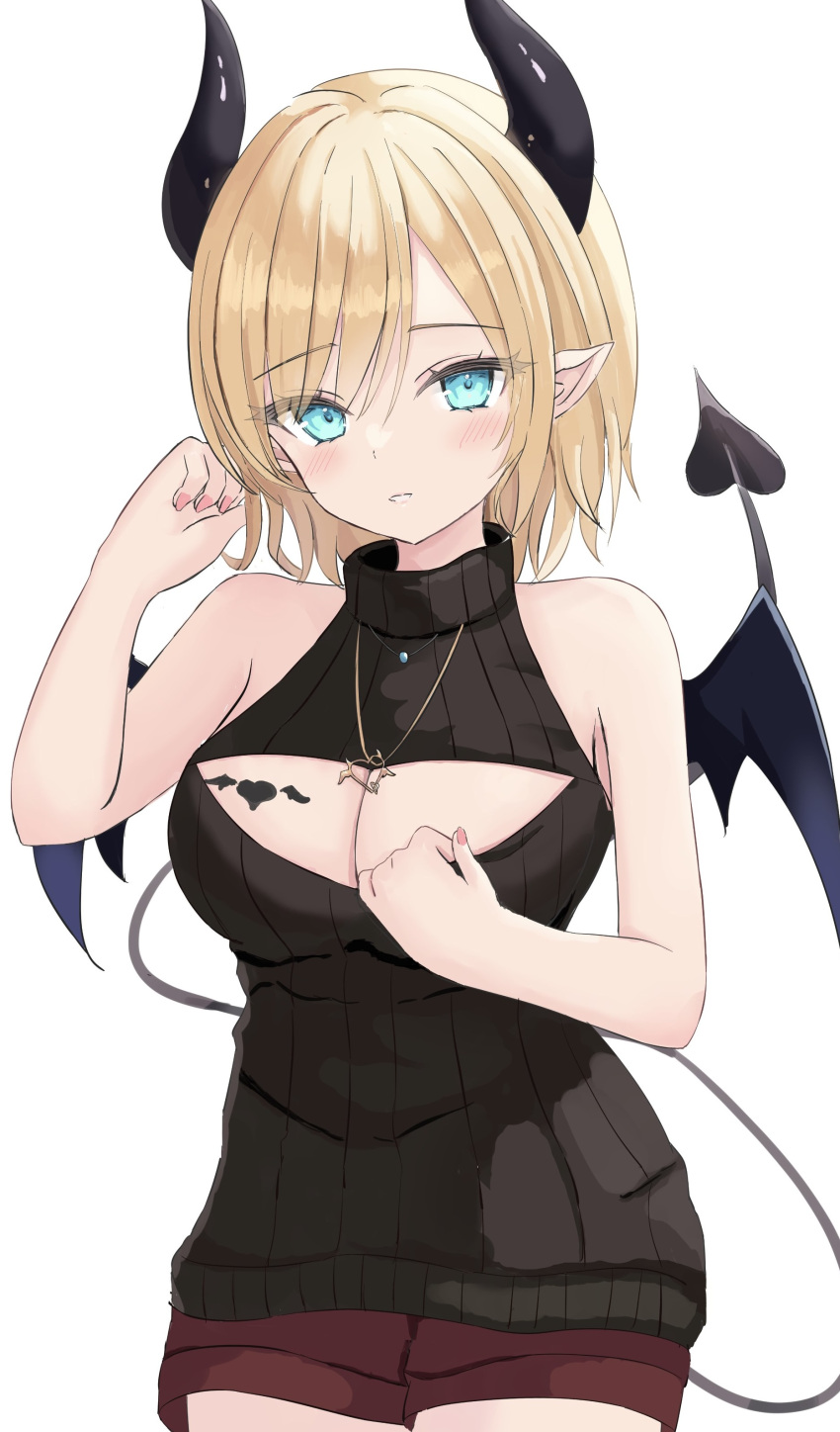 1girl absurdres aqua_eyes bat_tattoo black_horns black_sweater blonde_hair blush breast_tattoo breasts cleavage_cutout clothing_cutout demon_girl demon_horns demon_tail demon_wings heart heart_necklace highres hololive horns jewelry large_breasts looking_at_viewer necklace pointy_ears short_hair sleeveless sleeveless_sweater solo sweater swept_bangs tail tamamorh tattoo turtleneck turtleneck_sweater virtual_youtuber white_background winged_heart wings yuzuki_choco yuzuki_choco_(6th_costume)