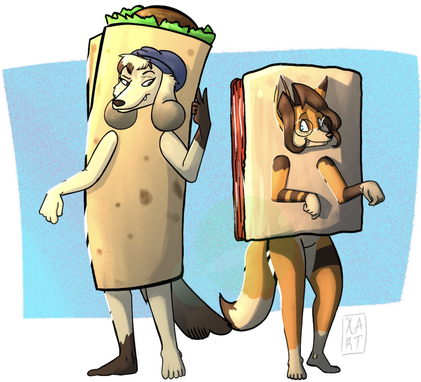 anthro canid canine canis clothing costume dennisse domestic_dog duo falafel falafel_costume female food food_costume hi_res keyla lasagna lasagna_costume mammal pasta xolart