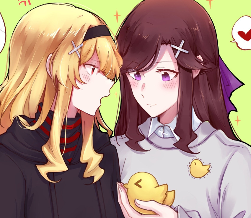 2girls animal bird black_headband black_hoodie blonde_hair brown_hair chick cropped grey_shirt hair_ornament hairclip headband heart highres holding holding_animal holding_bird hood hoodie long_sleeves multiple_girls purple_eyes red_eyes saijou_claudine shirt shoujo_kageki_revue_starlight sidelocks spoken_heart spoken_symbol spotlight_l star_(symbol) striped striped_shirt tendou_maya