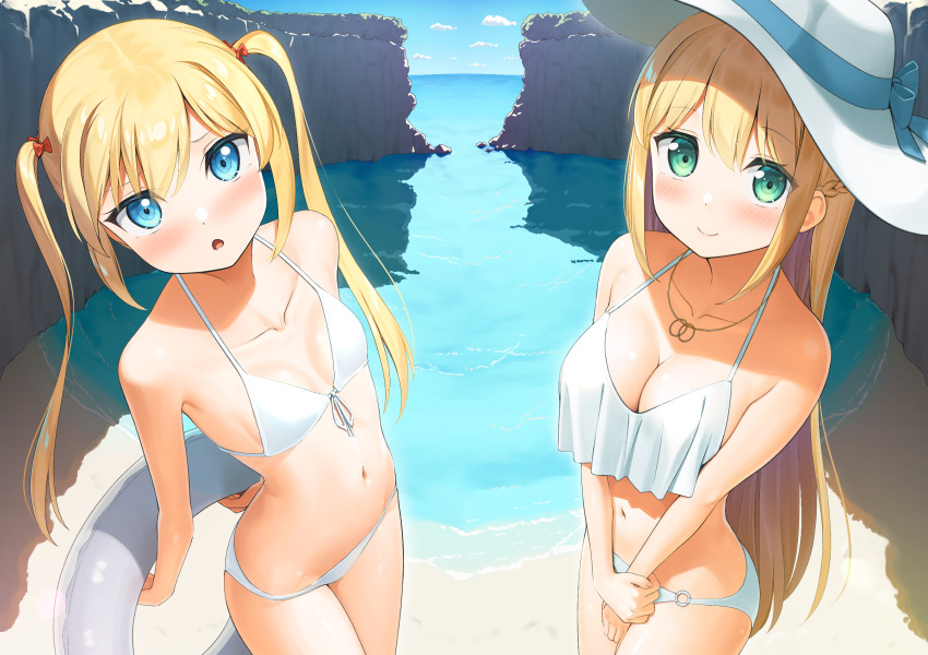 2girls apollo_(hu_maple) bare_shoulders beach bikini blonde_hair blue_eyes blush bow breasts collarbone comiket_102 covering covering_crotch day front-tie_bikini_top front-tie_top green_eyes hair_bow hair_ornament hat hat_bow highres holding holding_behind_back holding_innertube innertube jewelry large_breasts long_hair looking_at_viewer multiple_girls navel necklace o-ring o-ring_bikini o-ring_bottom open_mouth original outdoors ring_necklace rock sidelocks small_breasts smile stomach summer swimsuit twintails white_bikini white_swimsuit