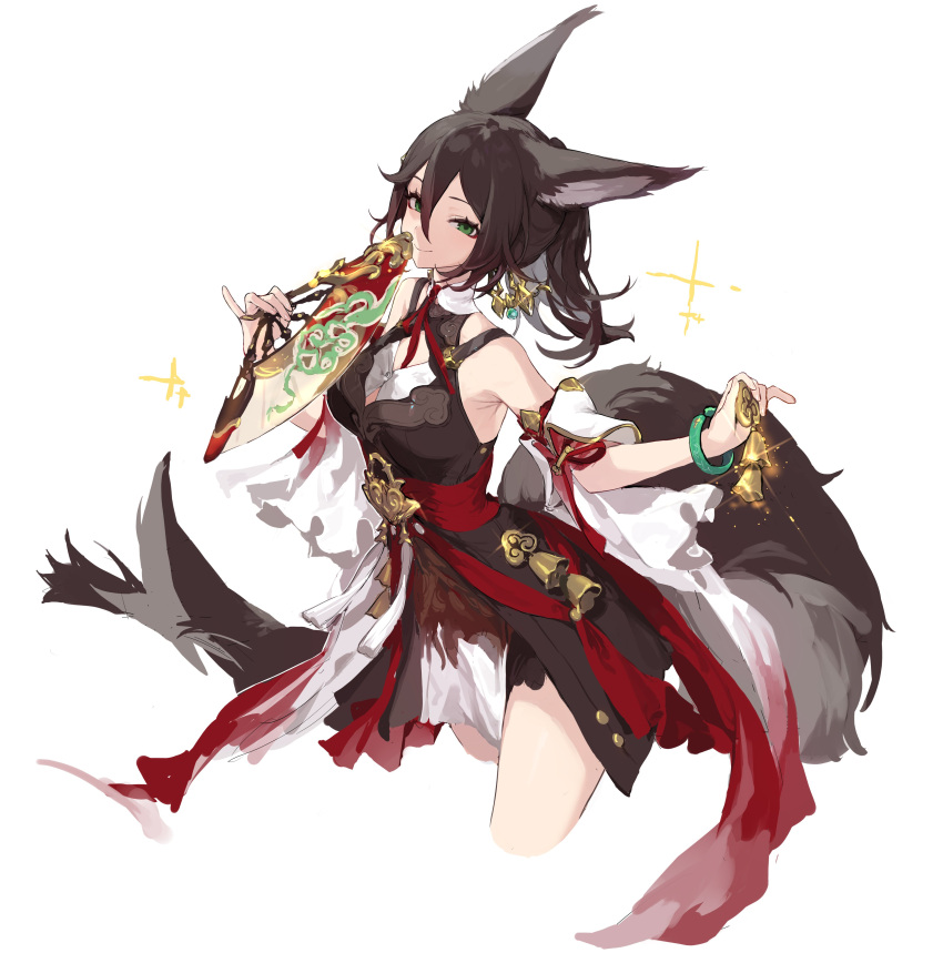 1girl absurdres animal_ears bare_shoulders bell bracelet breasts brown_dress brown_hair dress fox_ears fox_girl fox_tail green_eyes hair_between_eyes hair_ornament hand_fan highres holding holding_bell holding_fan honkai:_star_rail honkai_(series) jewelry long_hair looking_at_viewer shisantian simple_background small_breasts smile solo tail tingyun_(honkai:_star_rail) white_background