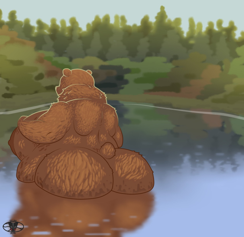 anthro bear big_butt brown_bear butt casual_nudity day fat_bear fat_belly female half_submerged hi_res lake light mammal nude obese obese_anthro obese_female overweight overweight_anthro overweight_female partially_submerged plant scenery skunk_bunk small_tail solo standing_in_water sunlight tail tree ursine water