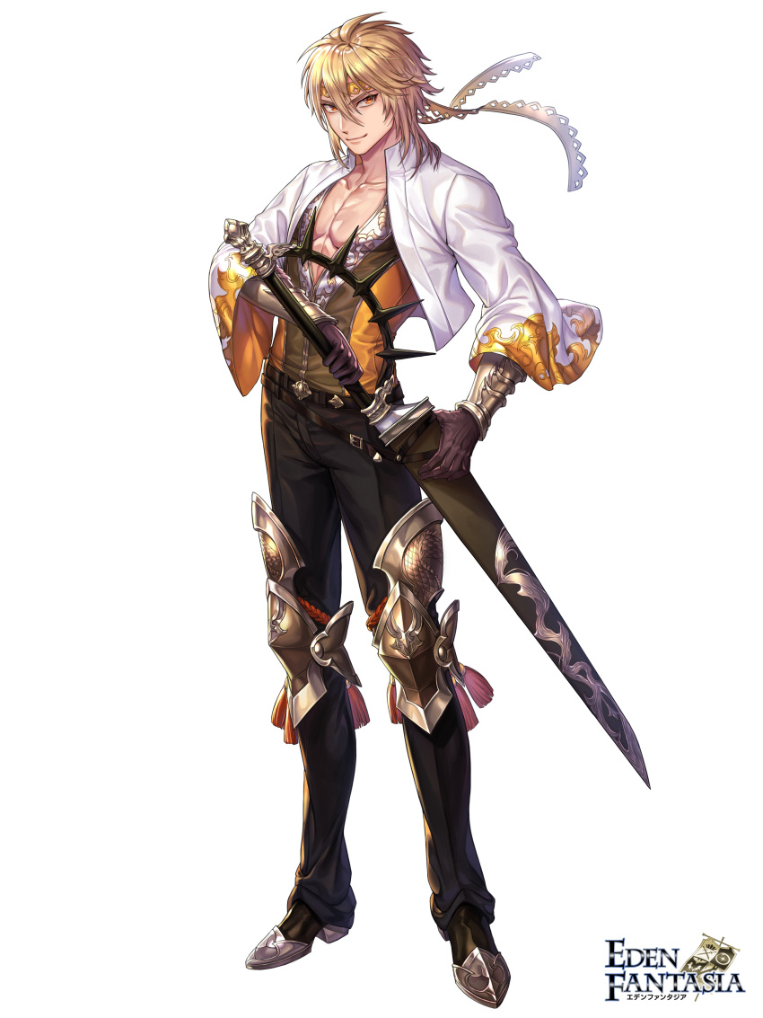 1boy absurdres black_gloves black_pants blonde_hair box_(hotpppink) clyde_(eden_fantasia) eden_fantasia gloves highres holding holding_sword holding_weapon jacket looking_at_viewer male_focus official_art open_clothes open_jacket open_shirt pants smile solo standing sword weapon white_jacket yellow_eyes