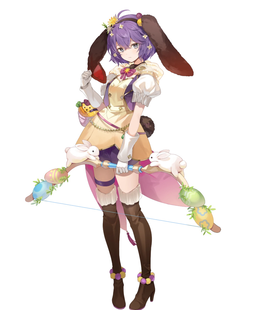 1girl animal_ears bangs bernadetta_von_varley boots dress fake_animal_ears fake_tail fire_emblem fire_emblem:_three_houses fire_emblem_heroes flower full_body gloves green_eyes hair_ornament highres non-web_source official_art puffy_short_sleeves puffy_sleeves purple_eyes rabbit_ears rabbit_tail short_dress short_hair short_sleeves solo tail thigh_boots thigh_strap transparent_background